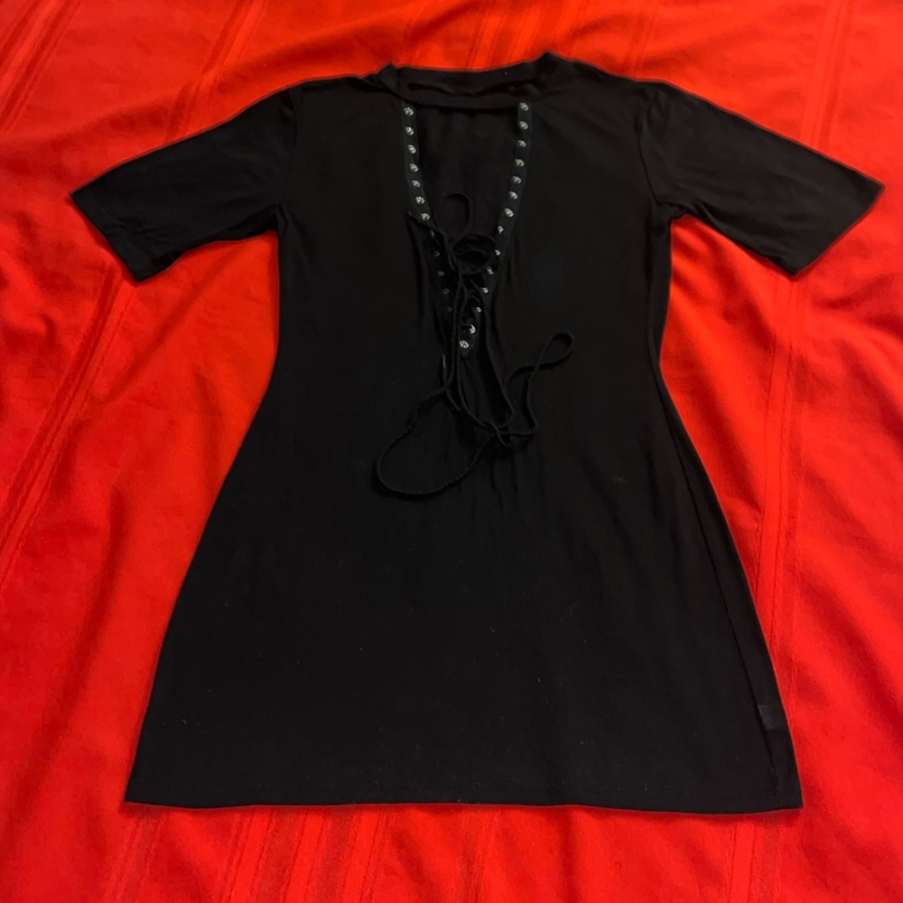Black Lace Up T-shirt Dress
